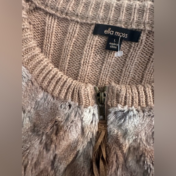 ELLA MOSS Vannah Cardigan Sweater Camel Tan Brown Faux Rabbit Fur Ribbed Knit - Picture 10 of 13